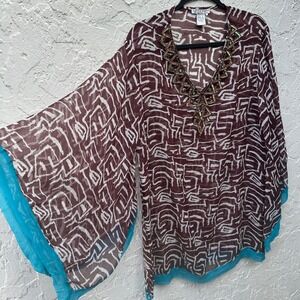 Alberto Makali Embellished Geometric Kaftan Tunic Top XL Sheer Boho Coverup Y2K